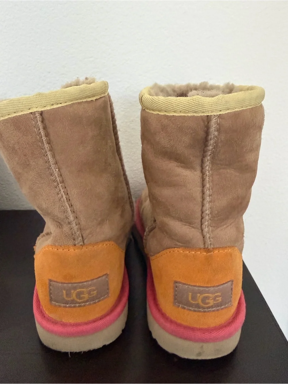 UGG Tan Suede Boots with Orange and Pink Accents